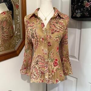 VTG Y2K Serenade NY Light Brown & Red Floral Crinkled Bell Sleeve Collared Top L